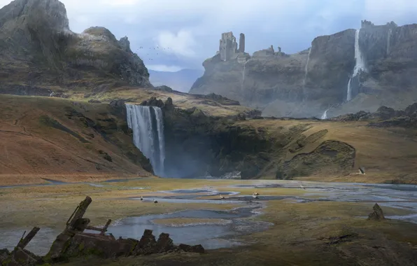 Nature, Mountains, Waterfall, Castle, Landscape, Landscape, Water, Waterfall