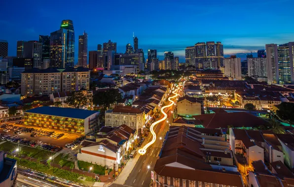 The sky, lights, building, road, home, the evening, lights, Singapore