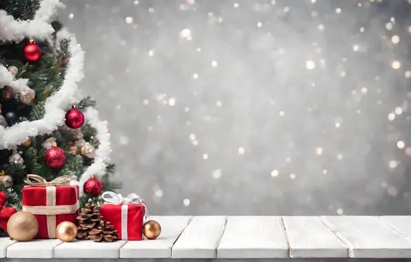 Decoration, background, balls, tree, Christmas, gifts, New year, new year