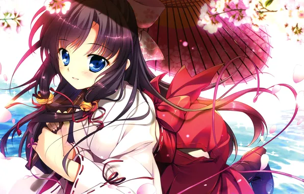 Girl, flowers, smile, umbrella, anime, Sakura, art, kimono