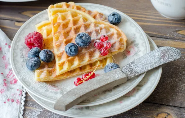 Picture berries, raspberry, currants, waffles, powdered sugar, blueberries