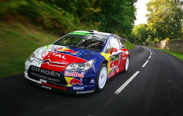 Road, Speed, Citroen, Car, Red Bull, Rally, The front, S. Loeb