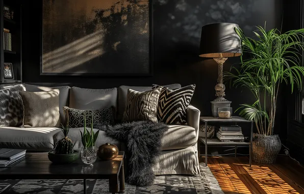 Books, lamp, interior, plants, picture, gothic style, luxury sofa, black color in the interior