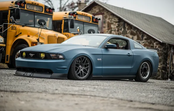 Yellow, Mustang, Ford, Road, bus, drives, blue, side