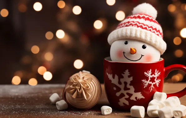Christmas, mug, New year, snowman, drink, marshmallows, AI art, neural network