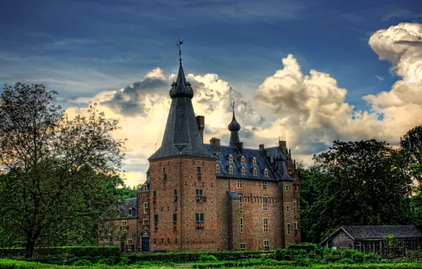 The sky, clouds, trees, castle, HDR, Netherlands, Castle Doorwerth