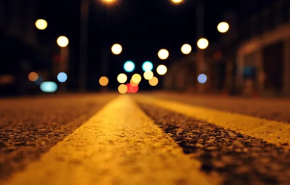 Road, asphalt, macro, night, lights, bokeh