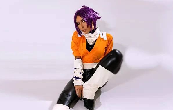 Scarf, jacket, costume, image, pants, cosplay, leg warmers, purple hair