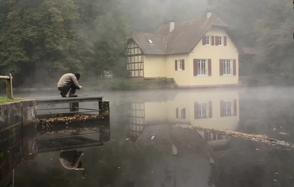 Fog, lake, house, Autumn, photographer, house, autumn, lake