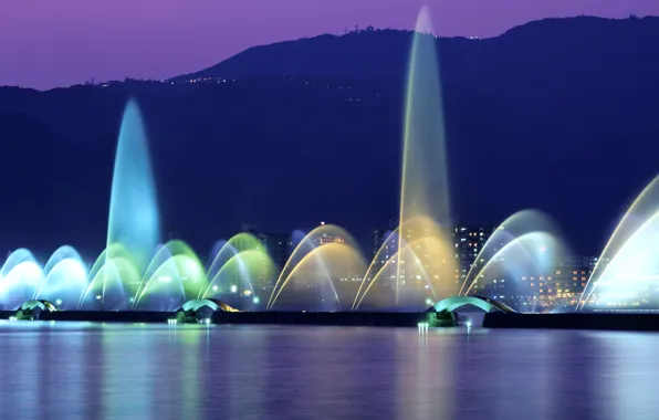 Night, lights, Japan, fountain, lake Biwa