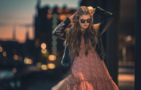 Girl, pose, glare, dress, glasses, jacket, long hair, Tia