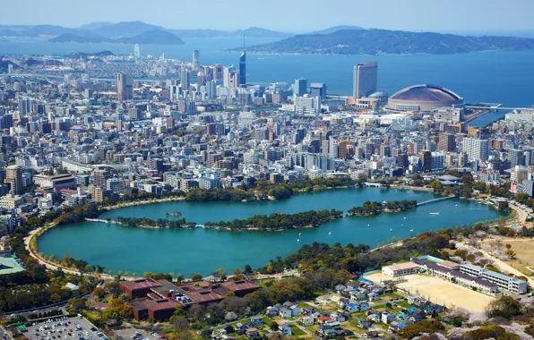 Sea, lake, coast, home, Japan, panorama, megapolis, the view from the top
