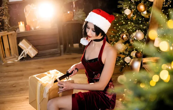 Decoration, hat, dress, brunette, knife, outfit, gifts, New year