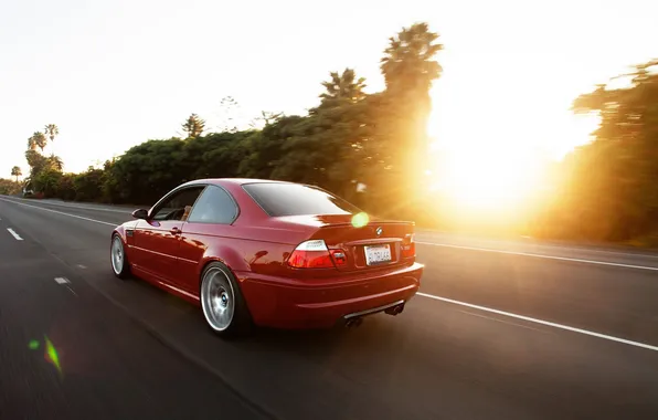 Road, the sun, trees, sunset, red, bmw, BMW, speed
