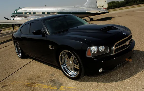 Asphalt, clouds, the plane, black, Dodge, drives, chrome, pasas