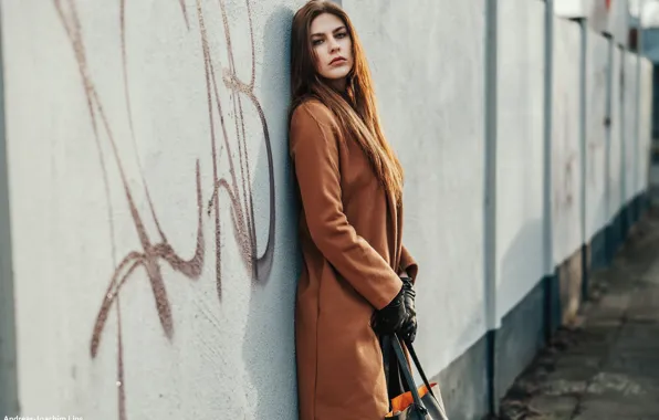 Look, girl, pose, portrait, gloves, brown hair, bag, is