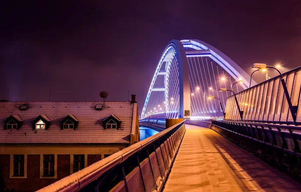 Picture city, lights, bridge, photographer, night, winter, snow, houses