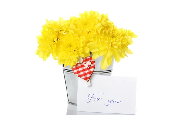 Love, flowers, bouquet, heart, chrysanthemum, yellow, message, Valentine's Day