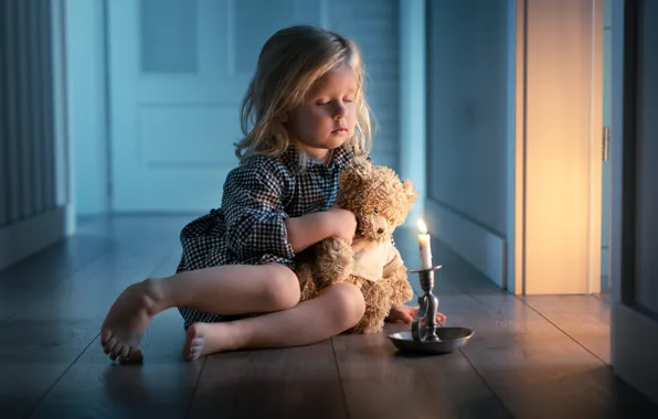 Picture candle, girl, bear, on the floor, Teddy bear, closed eyes
