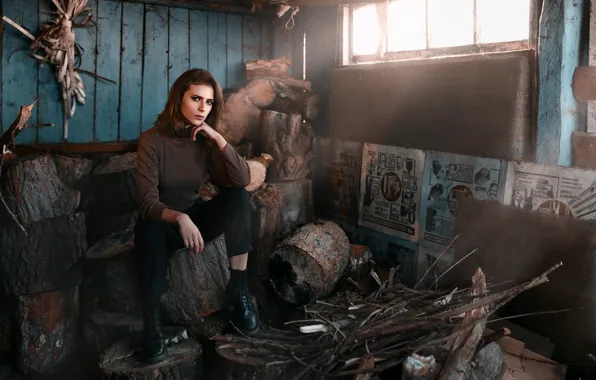 Look, girl, model, portrait, shoes, the barn, light, brown hair