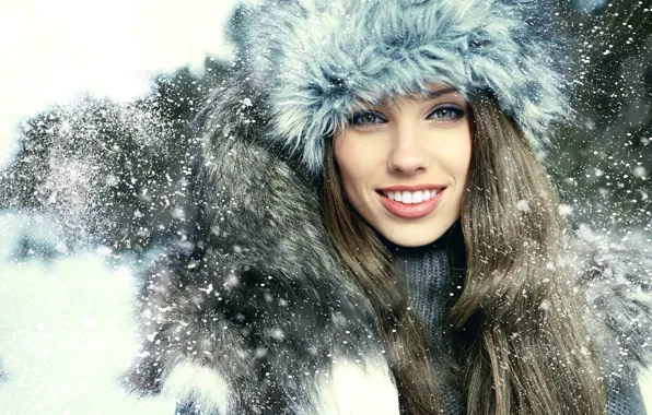 Picture look, girl, snow, smile, hat, brown hair
