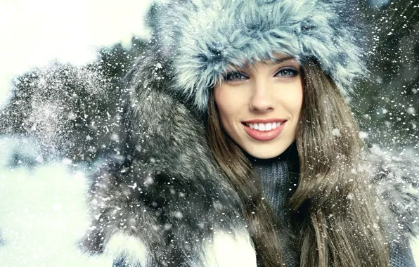 Wallpaper look, girl, snow, smile, hat, brown hair for mobile and ...