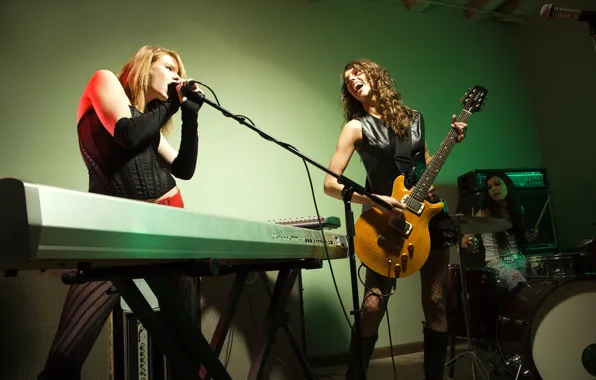 Girls, guitar, group, microphone, drums, play, synth, musical instruments