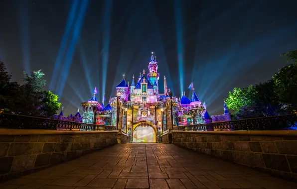Picture rays, night, castle, CA, Disneyland, California, Disneyland, Anaheim