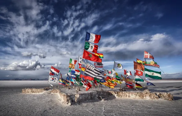 Lake, Salar de uyuni, salt, Flags, Bolivia, flat