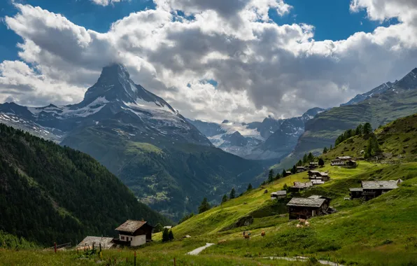Mountains, the slopes, Switzerland, houses, Zermatt