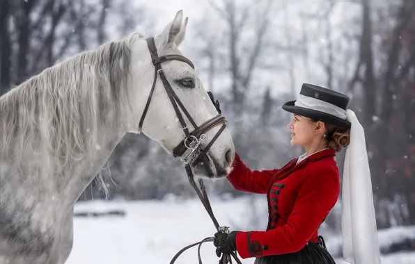 Winter, girl, animal, horse, Yulia Busygina