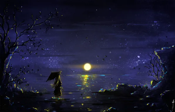 Picture girl, Moon, sky, trees, umbrella, night, art, lake