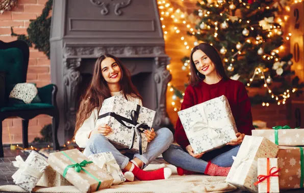 Joy, girls, room, Christmas, gifts, New year, Duo, two girls