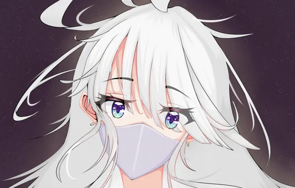 Blue eyes, grey background, white hair, portrait of a girl, medical face mask
