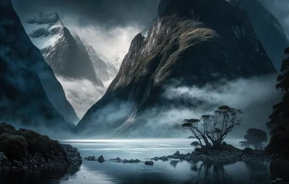Trees, landscape, mountains, night, nature, fog, lake, rendering