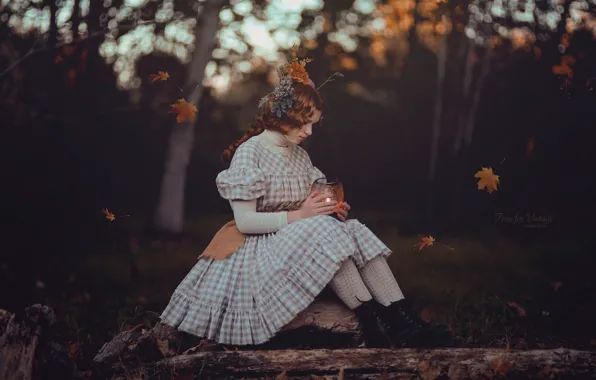 Picture autumn, leaves, girl, pose, mood, dress, flashlight, red