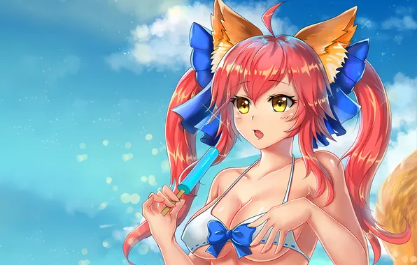 Girl, sexy, cleavage, red hair, long hair, boobs, animal ears, anime