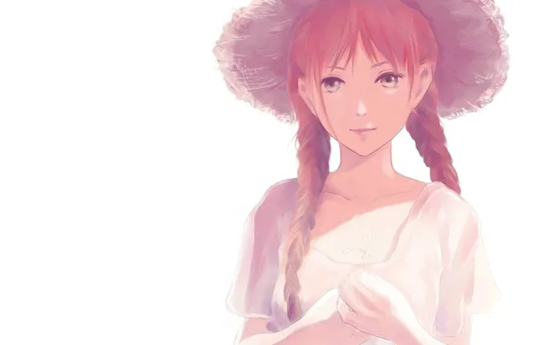 Hat, white background, red, art, braids, straw, bangs, B zero X