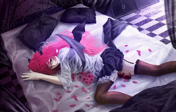 Girl, apples, bed, wings, the demon, art, touhou, lying