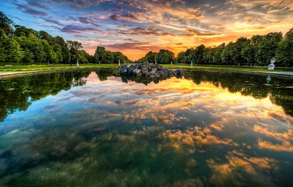 Clouds, trees, sunset, lake, reflection
