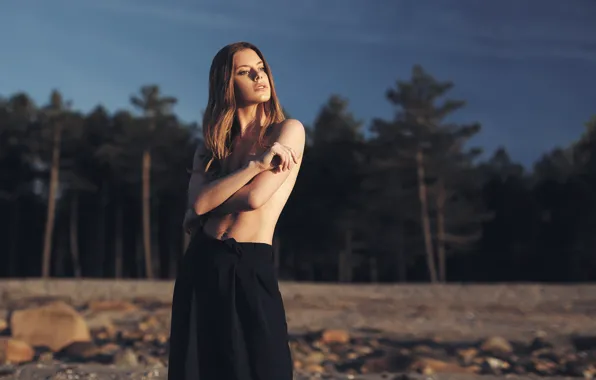 Trees, pose, trees, rays of light, beautiful girl, beautiful girl, half naked, pose