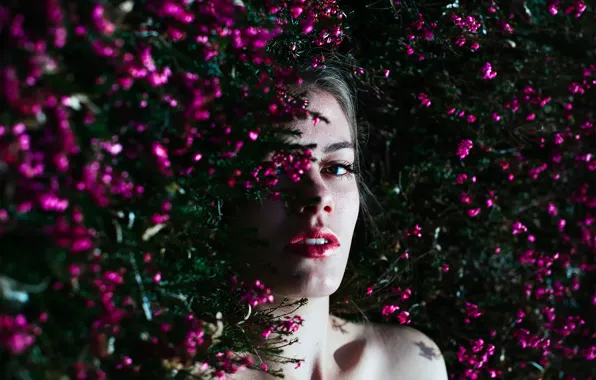 Girl, flowers, makeup, bokeh, delicate