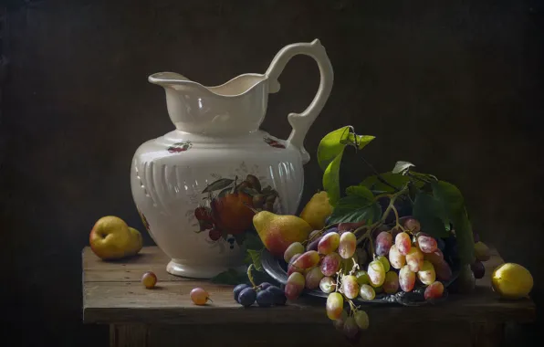 Leaves, the dark background, table, food, grapes, pitcher, fruit, still life