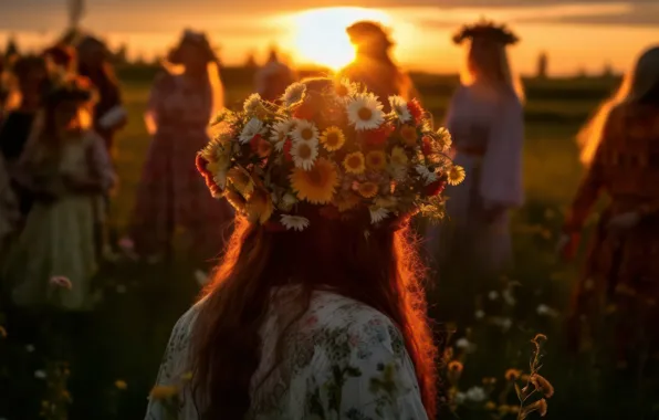 Field, the sun, sunset, flowers, girls, holiday, glade, back