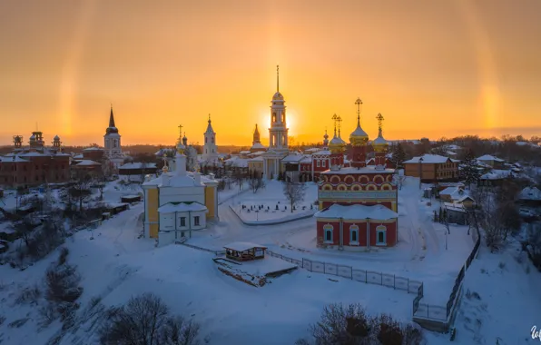 Winter, snow, landscape, sunset, the city, the evening, temple, the monastery