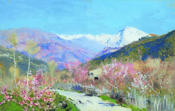 Picture flowers, mountains, oil, trail, Canvas, cvetelina, Isaac LEVITAN, Spring in Italy