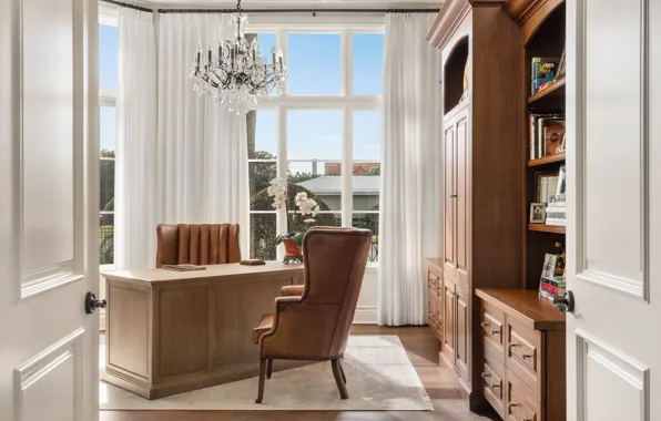 Table, books, chair, chandelier, wardrobe, office