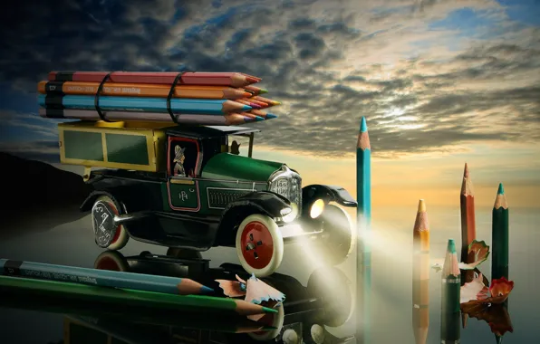 Picture the sky, reflection, toy, colored, pencils, car, machine