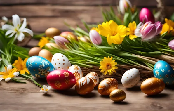 Flowers, eggs, spring, colorful, Easter, happy, flowers, spring
