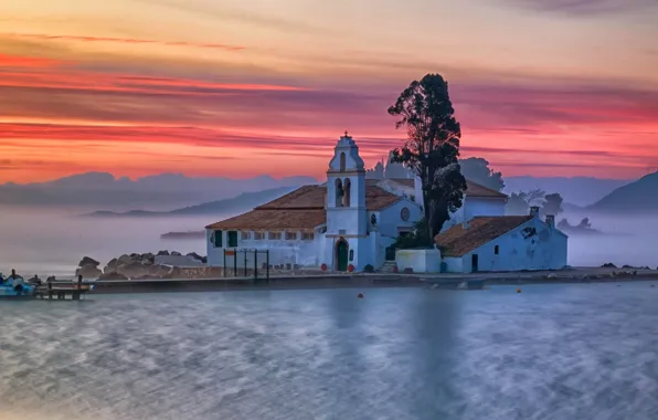 Picture sea, mountains, fog, dawn, island, morning, Greece, the monastery